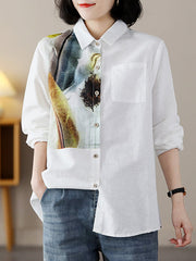 Contrast Color Feathers Printed Long Sleeves Loose Lapel Blouses