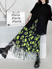Pleated Printed Split-Joint Tasseled High Waisted H-Line Skirts