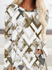 Plaid Printed High-low Long Sleeves Round-neck T-Shirts Tops