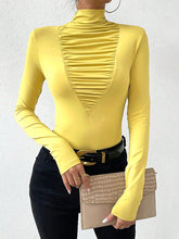 Long Sleeves Skinny Pleated Solid Color Split-Joint High Neck T-Shirts Tops