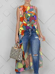 High-Low Loose Multi-Colored Round-Neck Vest Top