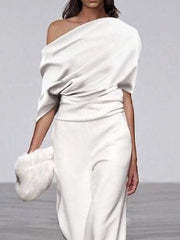 Solid Color Short Sleeves One-Shoulder Top + Wide Leg Pants Two Pieces Set