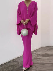 V-Neck Batwing Sleeves Loose Rhine Stones Tasseled Shirts Top + Skirts Bottom Two Pieces Set