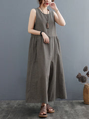 Plaid Split-Joint Loose Sleeveless Round-neck Jumpsuits