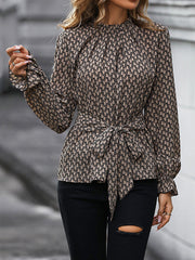 Bandage Belted Leopard Printed Long Sleeves Round-Neck Blouses&Shirts Tops