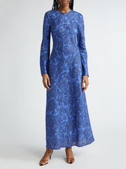 Backless Printed Split-Joint Tied Long Sleeves Loose Round-Neck Maxi Dresses