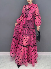 Elasticity Polka-Dot See-Through Split-Joint Tied Long Sleeves Loose Mock Neck Maxi Dresses