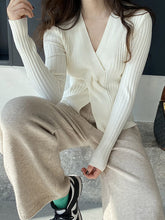 Knot Solid Color Long Sleeves Loose V-Neck Sweater Tops Pullovers