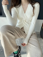 Knot Solid Color Long Sleeves Loose V-Neck Sweater Tops Pullovers