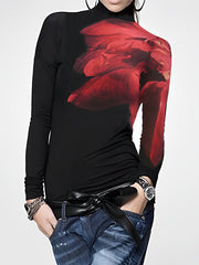 Asymmetric Printed Split-Joint Long Sleeves Skinny High Neck T-Shirts Tops