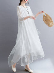 Gauze Split-Joint Loose Three-Quarter Sleeves Round-Neck Midi Dresses