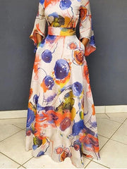 Contrast Color Pockets High Waisted Loose Round-neck Maxi Dresses