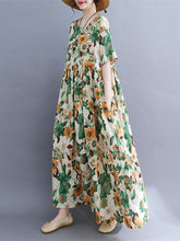 Floral Printed Pleated Split-Joint Loose Short Sleeves Round-Neck Midi Dresses