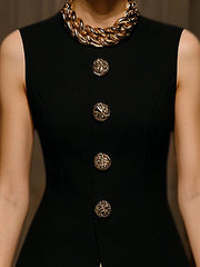 Sleeveless Buttoned Solid Color Round-Neck Vest Top