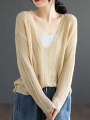 Hollow Solid Color Long Sleeves Loose V-Neck Pullovers