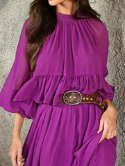 Flared Sleeves Loose Pleated Solid Color Split-Joint Round-Neck Maxi Dresses