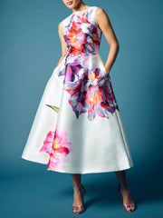 Flower Print Pockets A-Line High Waisted Round-Neck Midi Dresses