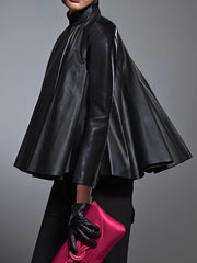 Big Hemline Solid Color A-line Long Sleeves Stand Collar Leather Top