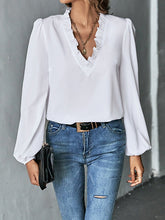 Ruffled Solid Color Long Sleeves Loose V-Neck Blouses&Shirts Tops