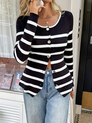 Buttoned Contrast Color Split-Joint Striped Long Sleeves Skinny Round-neck Outerwear Cardigan Tops