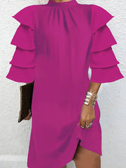 Layered Pleated Solid Color Flared Sleeves Half Sleeves Mock Neck Mini Dresses