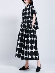 Mock Neck Buttoned Pockets Polka-Dot Blouses Top + A-Line High Waisted Skirts Bottom Two Pieces Set