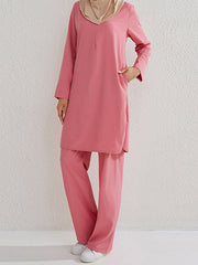 Round-Neck Long Sleeves Pockets Solid Color Split-Side Shirts Top + Pants Bottom Two Pieces Set