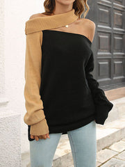 Contrast Color Hollow Split-Joint Loose Puff Sleeves Off-The-Shoulder Sweater