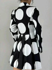 Buttoned Contrast Color Pleated Polka-Dot A-line High Waisted Lapel Mini Dresses