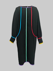 Long Sleeves Puff Sleeves Contrast Color Pockets Round-Neck Midi Dresses