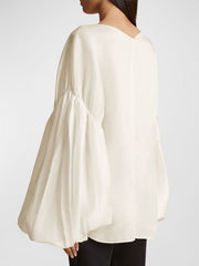Elasticity Pleated Solid Color Split-Joint Long Sleeves Loose Round-neck Blouses&shirts Tops