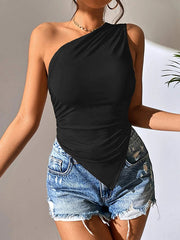 Asymmetric Solid Color Irregular clipping Skinny One-shoulder Vest Top