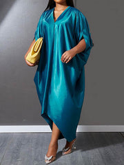 Solid Color Batwing Sleeves High-Low Deep V-Neck Maxi Dresses