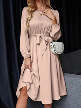 Elasticity Pleated Solid Color Split-Joint Tied Waist Loose Puff Sleeves Round-neck Midi Dresses