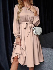 Elasticity Pleated Solid Color Split-Joint Tied Waist Loose Puff Sleeves Round-neck Midi Dresses