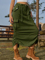 Drawstring Elasticity Pockets Solid Color Split-Back A-Line Loose Skirts Bottoms