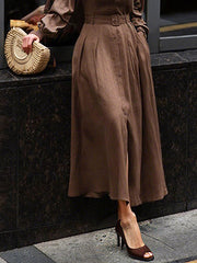 Loose Puff Sleeves Pleated Solid Color Split-Joint Lapel Maxi Dresses Shirt Dress