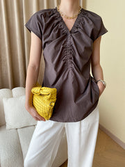 Elasticity Pleated Solid Color Split-Joint Flying Sleeves V-Neck Blouses&Shirts Tops