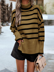 Contrast Color Split-Side Striped Long Sleeves Loose High Neck Sweater Tops Pullovers