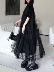 Gauze Pleated Solid Color Split-Joint Tiered Fake Two-Piece Loose Round-Neck Midi Dresses