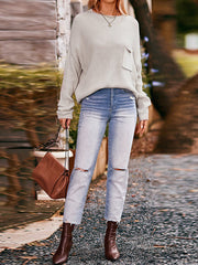 Hollow Pockets Solid Color Batwing Sleeves Long Sleeves Round-Neck Sweater Tops Pullovers Knitwear