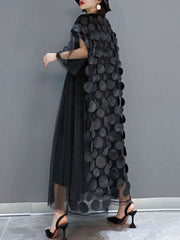 Asymmetric Pleated Polka-Dot Solid Color Split-Joint Tulle A-Line Half Sleeves Round-Neck Maxi Dresses