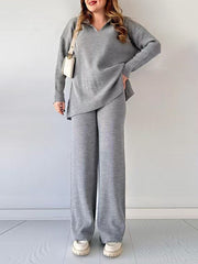 Loose Long Sleeves Solid Color Split-side Lapel Sweater Top + Pants Two Pieces Set