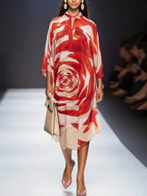 Half Sleeves Loose Flower Print Tied Round-Neck Midi Dresses