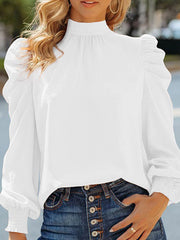 Elasticity Pleated Solid Color Long Sleeves Loose Mock Neck Blouses&shirts Tops