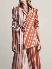 Striped Tied Long Sleeves Notched Collar Outerwear Blazer