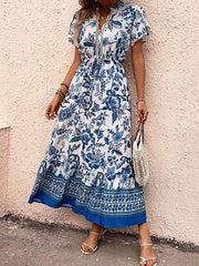 Floral Printed Pleated Split-Joint Tied Waist Loose Short Sleeves V-Neck Shirt Dress Midi Dresses