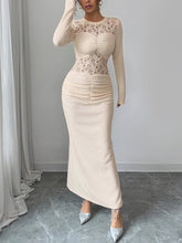 Hollow Lacy Pleated Solid Color Split-Back Split-Joint Zipper Bodycon Long Sleeves Round-Neck Maxi Dresses