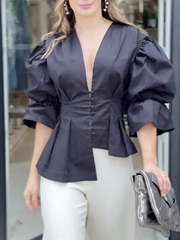 Asymmetric Buttoned Solid Color High-Low Puff Sleeves Deep V-Neck Blouses&Shirts Tops