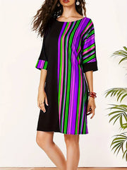 Asymmetric Contrast Color Striped A-line Half Sleeves Round-neck Mini Dresses